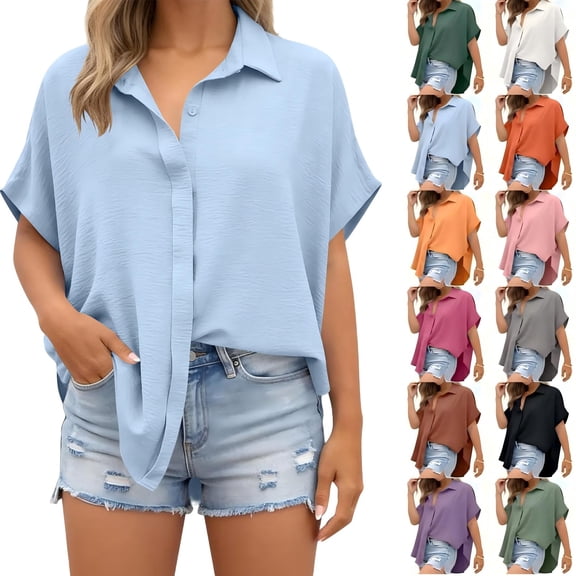 Tqcoqu Women's Button Down Shirts Short Sleeve Slit Hem Shirt Solid Color Tops, Side Slit Dressy Casual Blouses Loose Fit Tunic Tops,Army Green Women's S-XXL