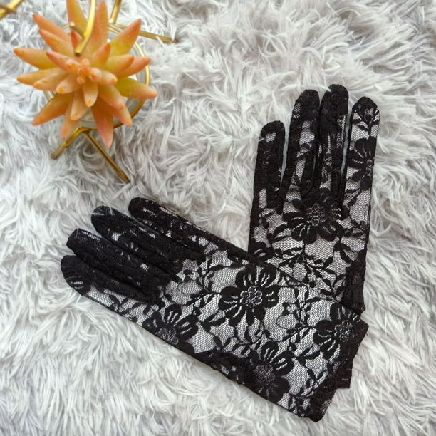 Nvzi 2 guantes de encaje, guantes cortos de encaje, guantes de encaje floral para trajes de boda y fiesta de té (negro)