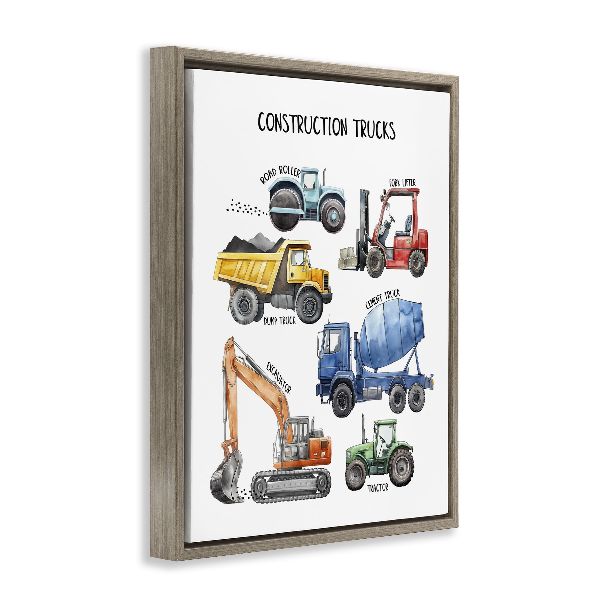 Construction Trucks Machinery Brown Framed Floater Canvas Wall Art, design by Christine Simpson Art