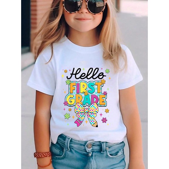 Hello First Grade Coquette First Day Of School Teacher Girl Kids Cotton Graphic Tee Comfortable boys girls T-Shirt