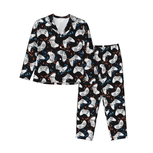 Balery Cool Gamepad Conjunto de Pijama con Estampado para Mujer, Conjunto de Dos Piezas con Manga Larga, Ropa de Dormir Suave con Bolsillos, Pijamas Cómodos-Small