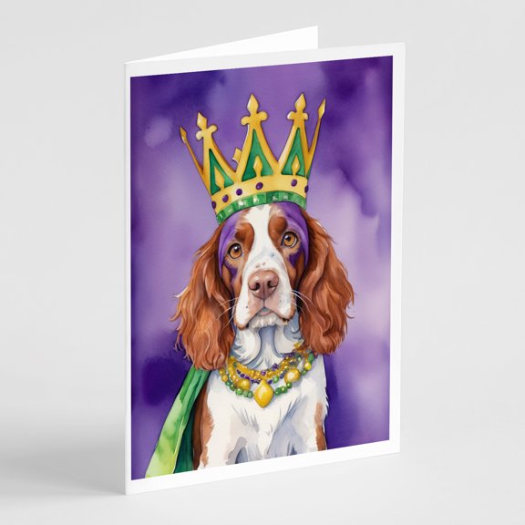 Welsh Springer Spaniel King of Mardi Gras Greeting Cards Pack of 8 7 in x 5 in