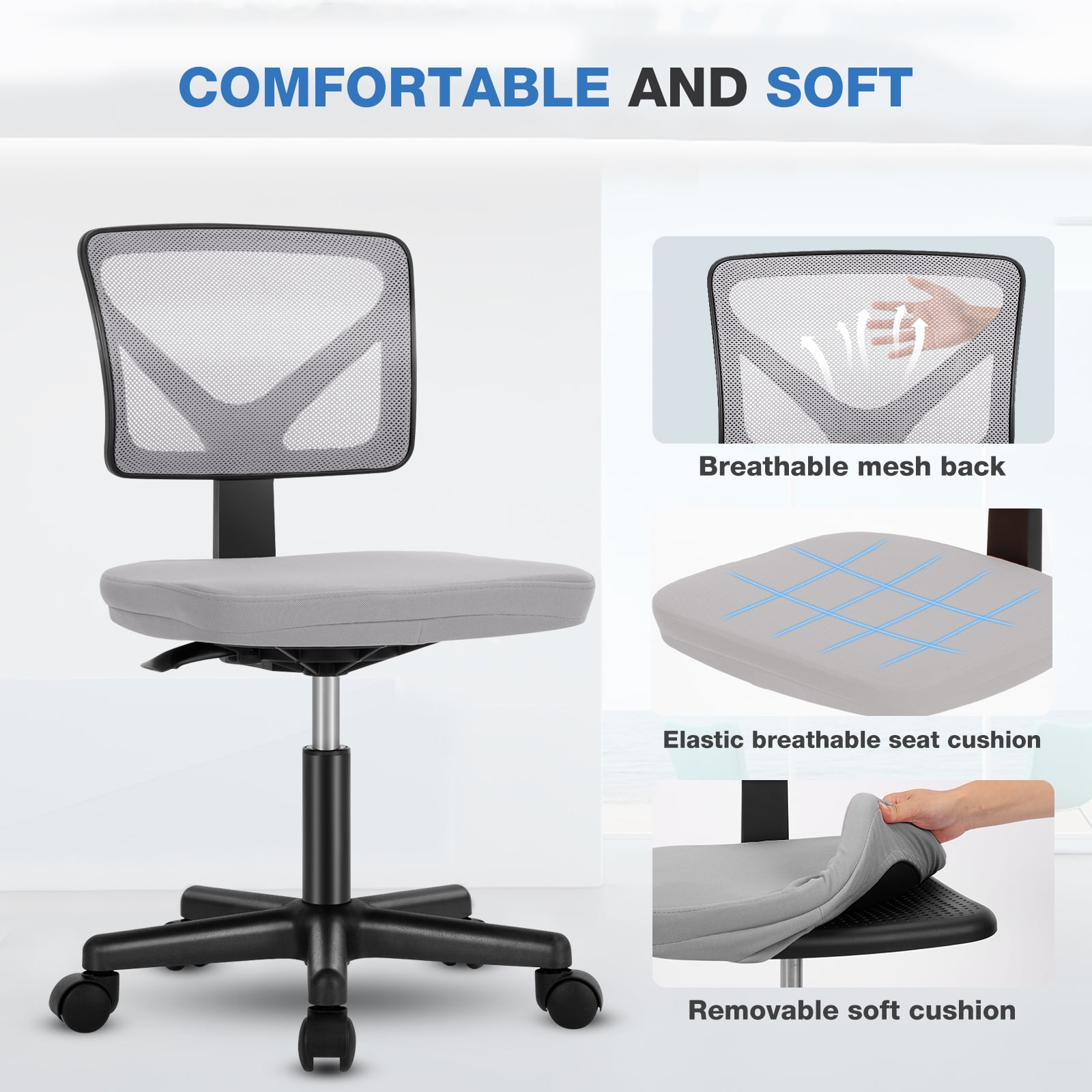 Gianna Armless Desk Chair with Low Back Adjustable Ergonomic Rolling for Home Office Study