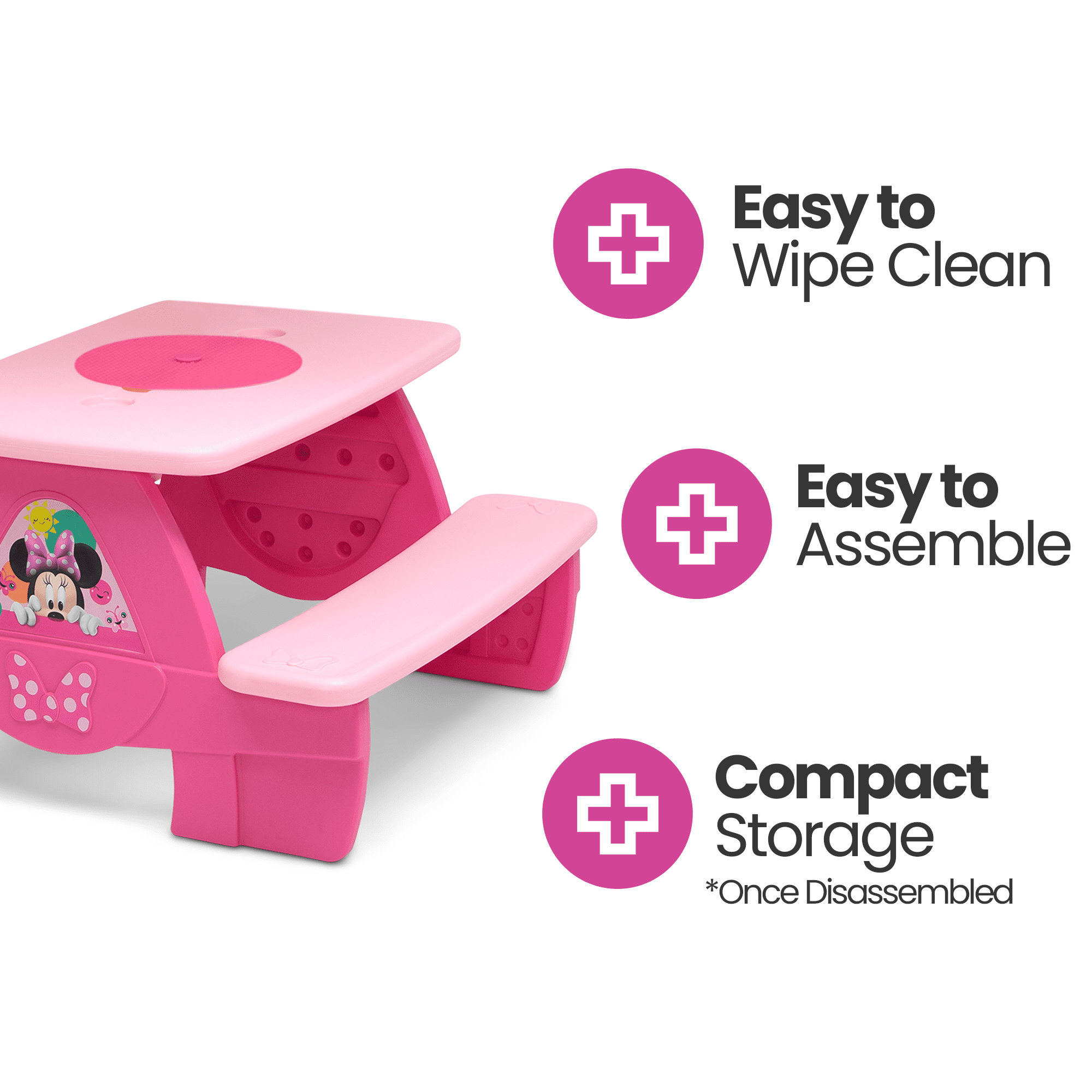 Disney Minnie Mouse 4 Seat Activity Picnic Table with Board for Building Blocks and Built-In Cupholders by Delta Children