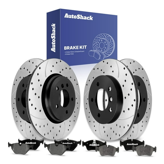 AutoShack Front Vented & Rear Vented Drilled & Slotted E-Coated Brake Rotors   Ceramic Pads 12-PC Brake Kit Replacement for 2001-2005 BMW 320i ShadowGuard