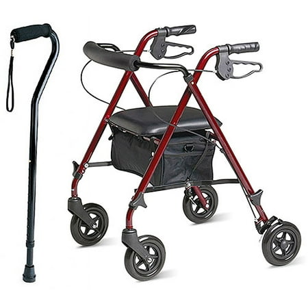 Medline Ultra Lightweight Rollator and Black Offset Handle Cane Bundle