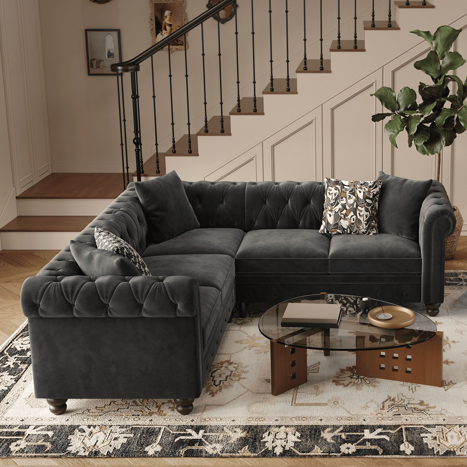 L Shaped Corner Couch for Living Room, Tufted Sectional with 3 Throw Pillows, Velvet Fabric, Black