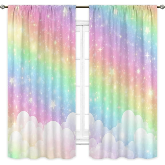 Rainbow Curtains 42Wx63H Inch Rod Pocket Kids Pastel Curtains Girls Cartoon Cute Colorful Sky Clouds Stars Aesthetic Art Printed Girly Princess Living Room Bedroom Window Drapes Fabric 2 Panel