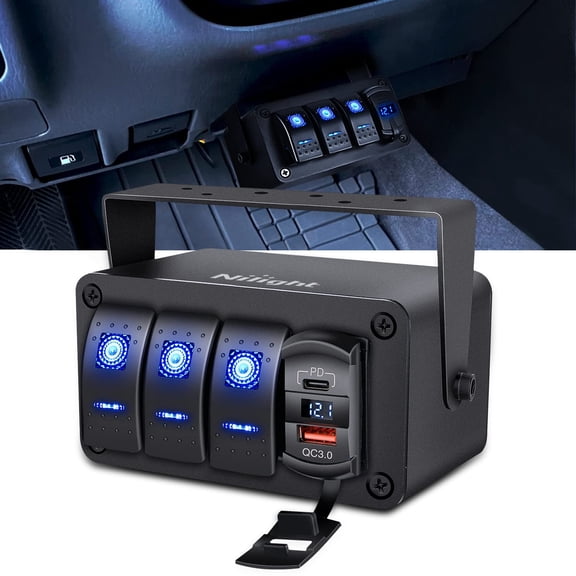 Nilight 3 Gang Rocker Switch Panel Blue Backlit with PD Type C and USB Charger Voltmeter Waterproof 12V 24V DC Rocker Switch with Night Glow Stickers for Car Trucks Boats RVs,2 Years Warranty