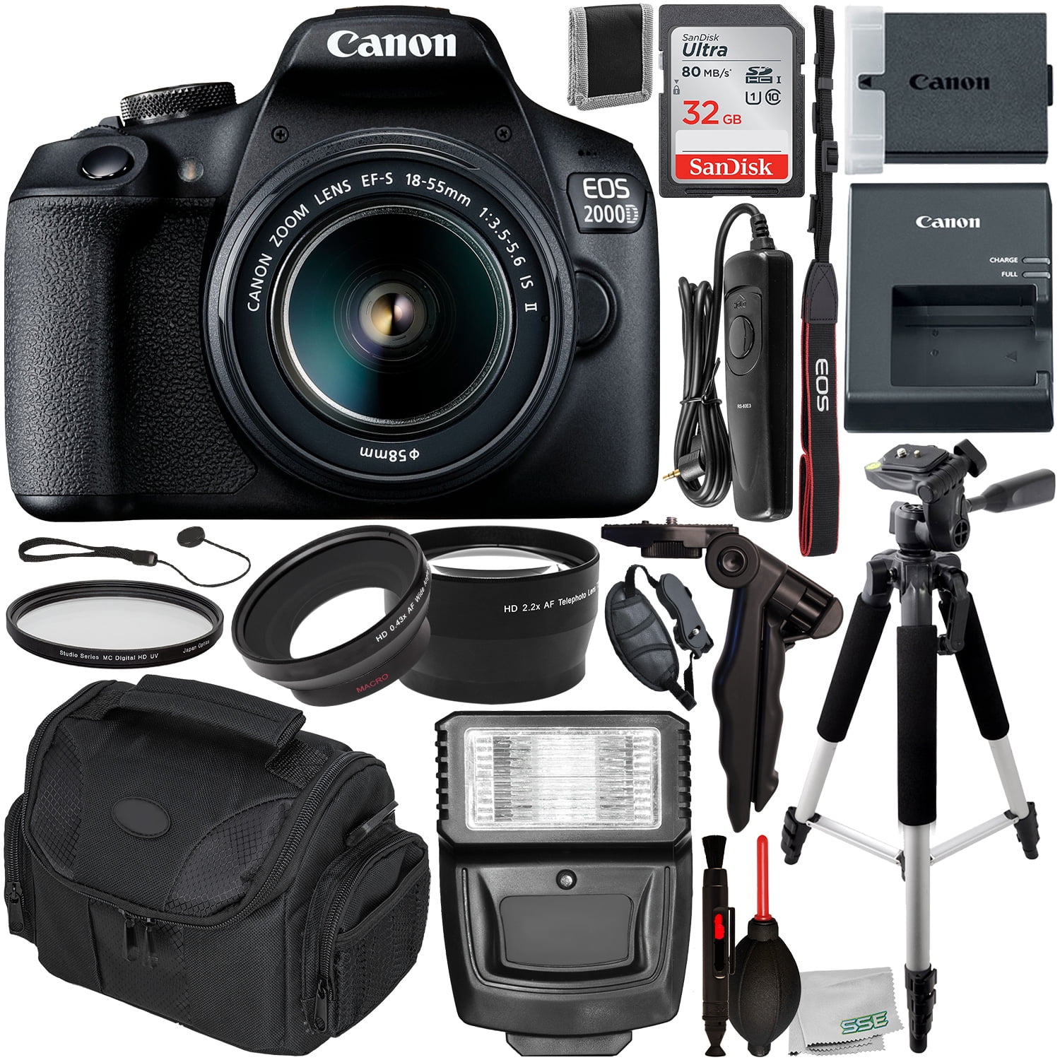 More Camera Carrying Case Includes: SanDisk Ultra 32GB SDHC Memory Card Canon EOS 2000D DSLR Camera with 18-55mm is II & 50mm f/1.8 STM Lens & Starter Accessory Bundle 2X Ultraviolet Filter 
