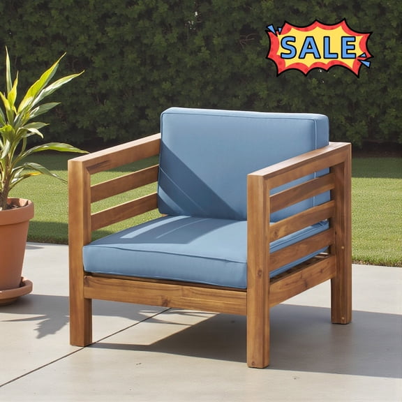 Tcbosik Outdoor Patio Club Chair with Cushion, Armchair with Wood Frame, Modern Lounge Chair, Leisure Chair for Porch, Garden, Backyard, Easy Assembly, Pecan Blue