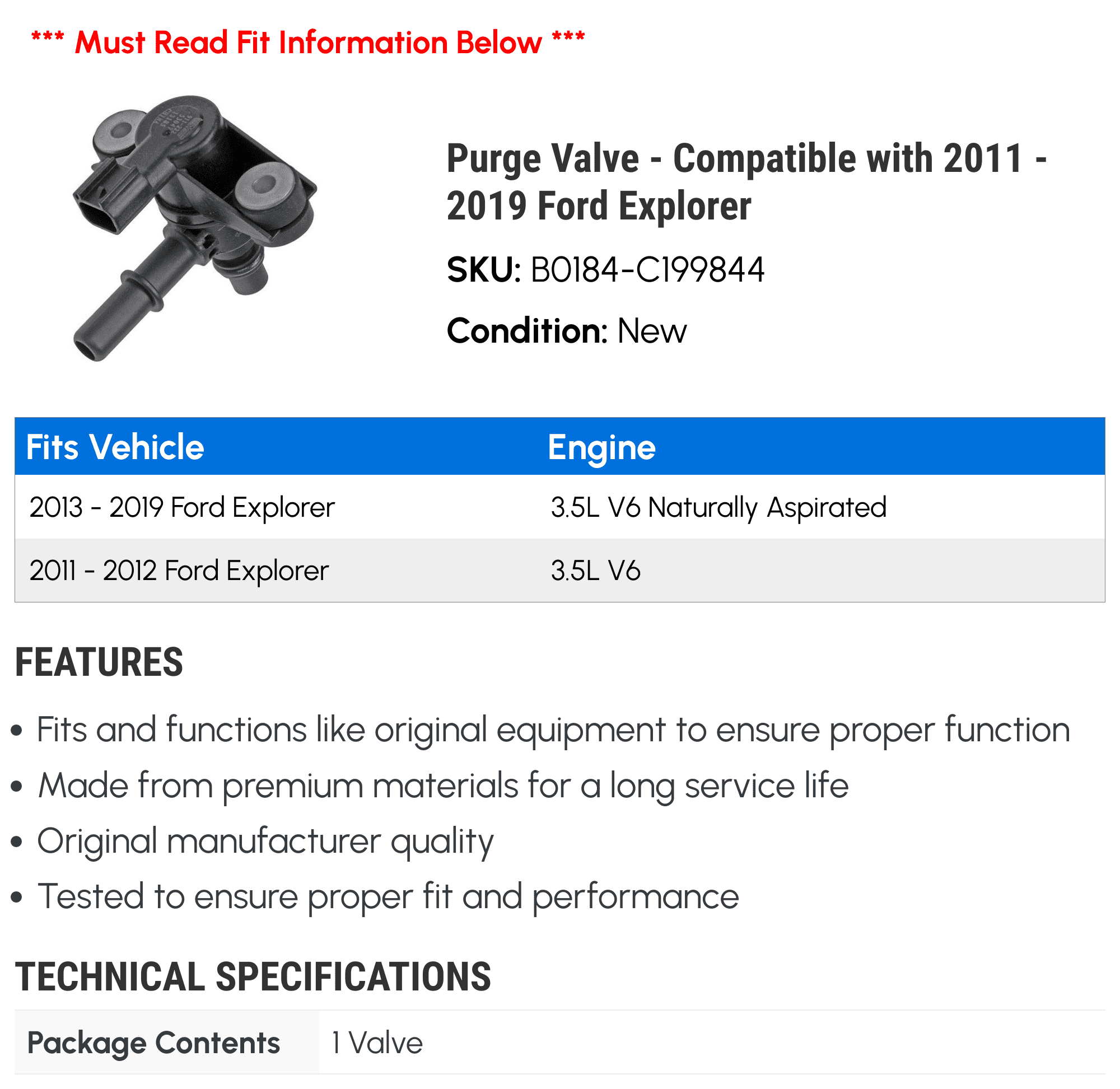 Purge Valve - Compatible with 2011 - 2019 Ford Explorer 2012 2013 2014 2015 2016 2017 2018
