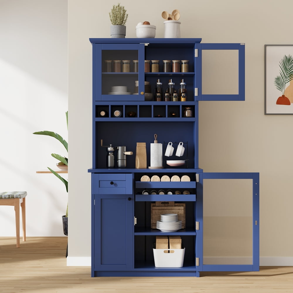 Farmhouse Freestanding Buffet with Hutch, Tall Kitchen Pantry Storage Cabinet with Wine Rack, Adjustable Shelves and Glass Doors for Dining Room, Blue