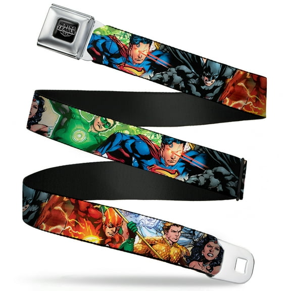 DC Comics Belt, Seatbelt Buckle Belt, Justice League New 52 Superhero Action Poses, Youth 22 to 32 Inches