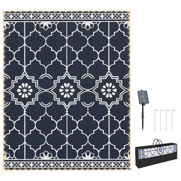 Alvantor Reversible Outdoor Rug with LED Lights, PP Straw Patio Carpet with Carry Bag & Stakes 10' x 8' Blue