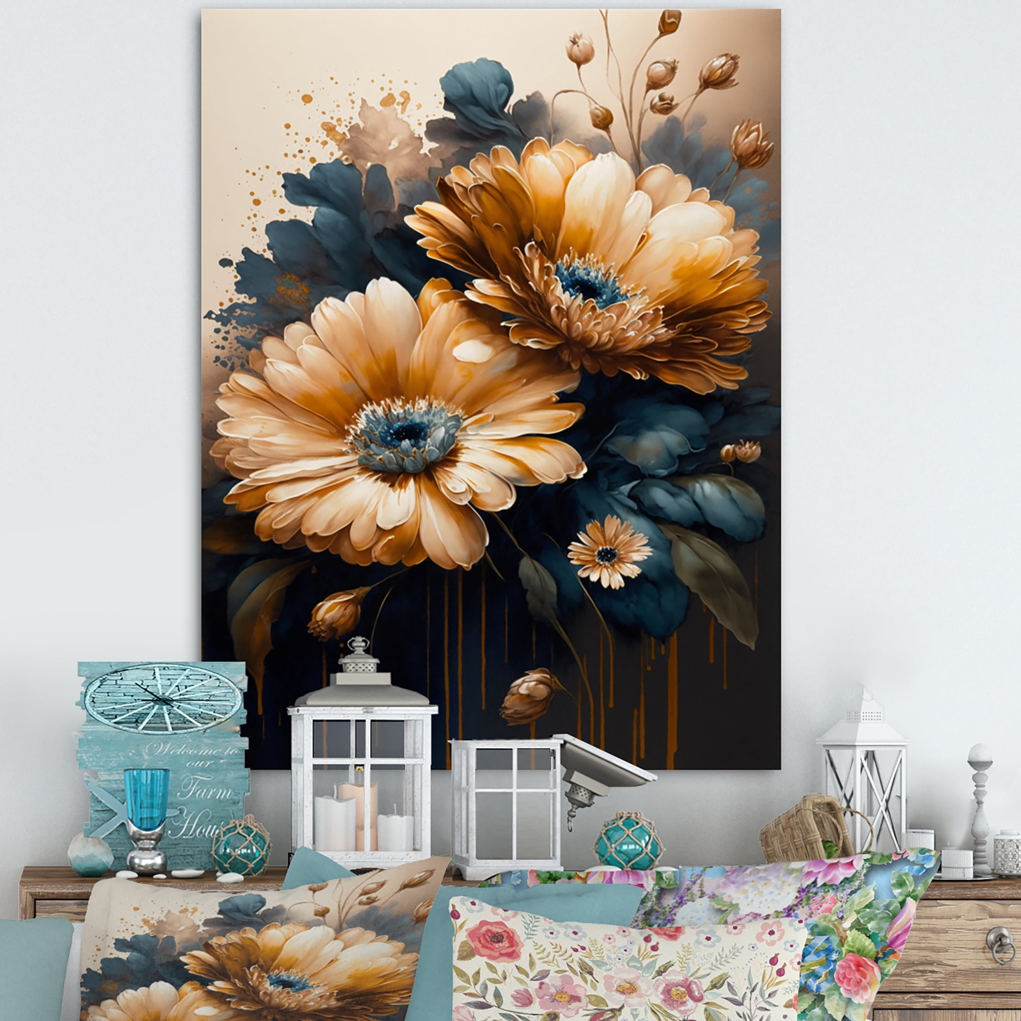 Designart Light Orange And Dark Blue Daisy I Canvas Wall Art