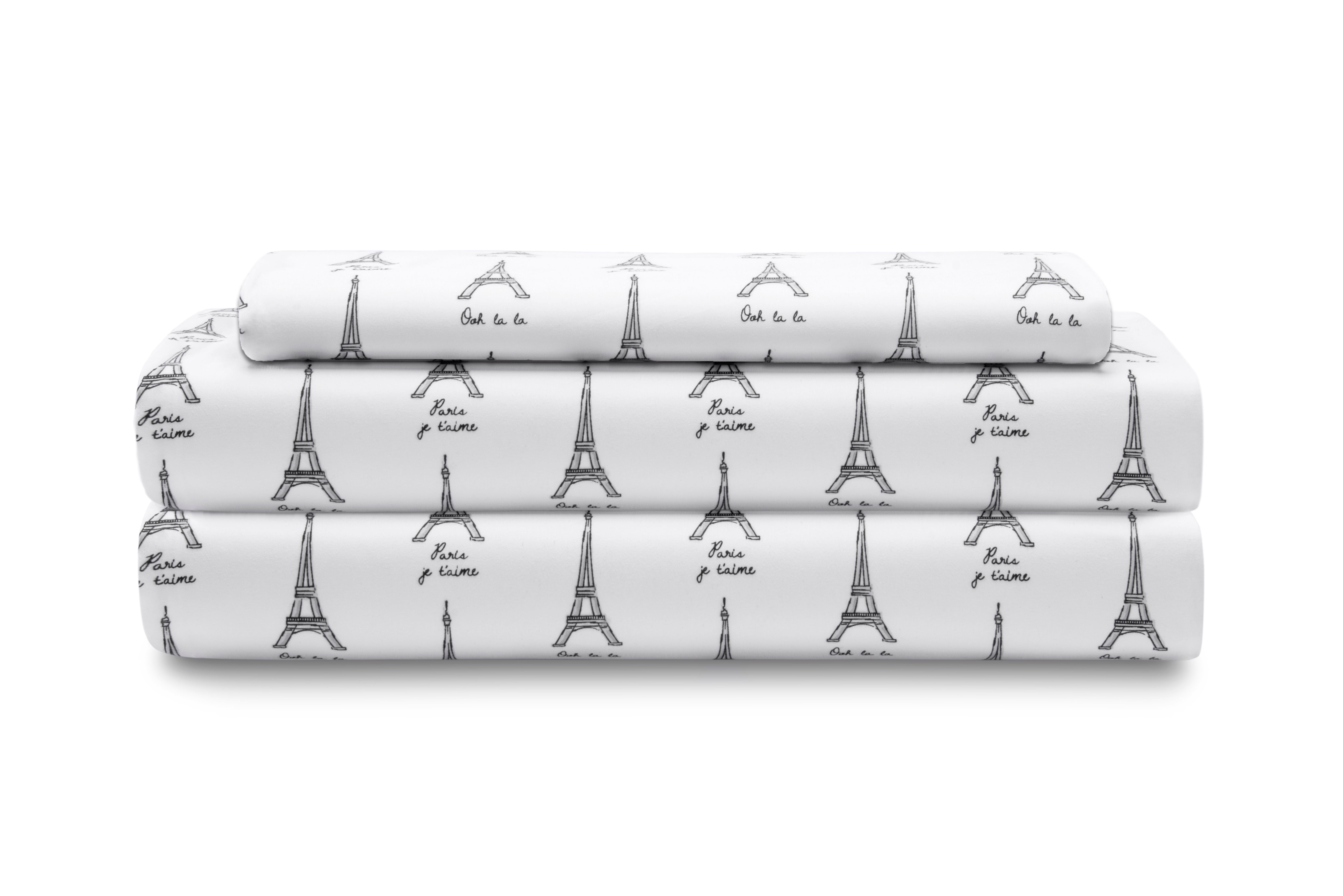 Whimsical Print Collection Microfiber Sheet Set, TwinXL, Paris White