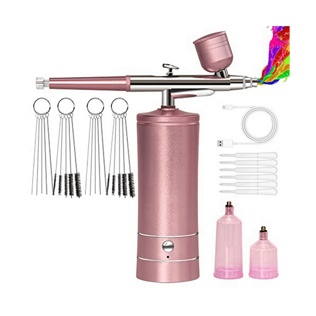Kit d'Aérographe Rechargeable Sans Fil Compresseur d'Aérographe - Aérographe Portatif Automatique, Ensemble d'Aérographe (Rose)