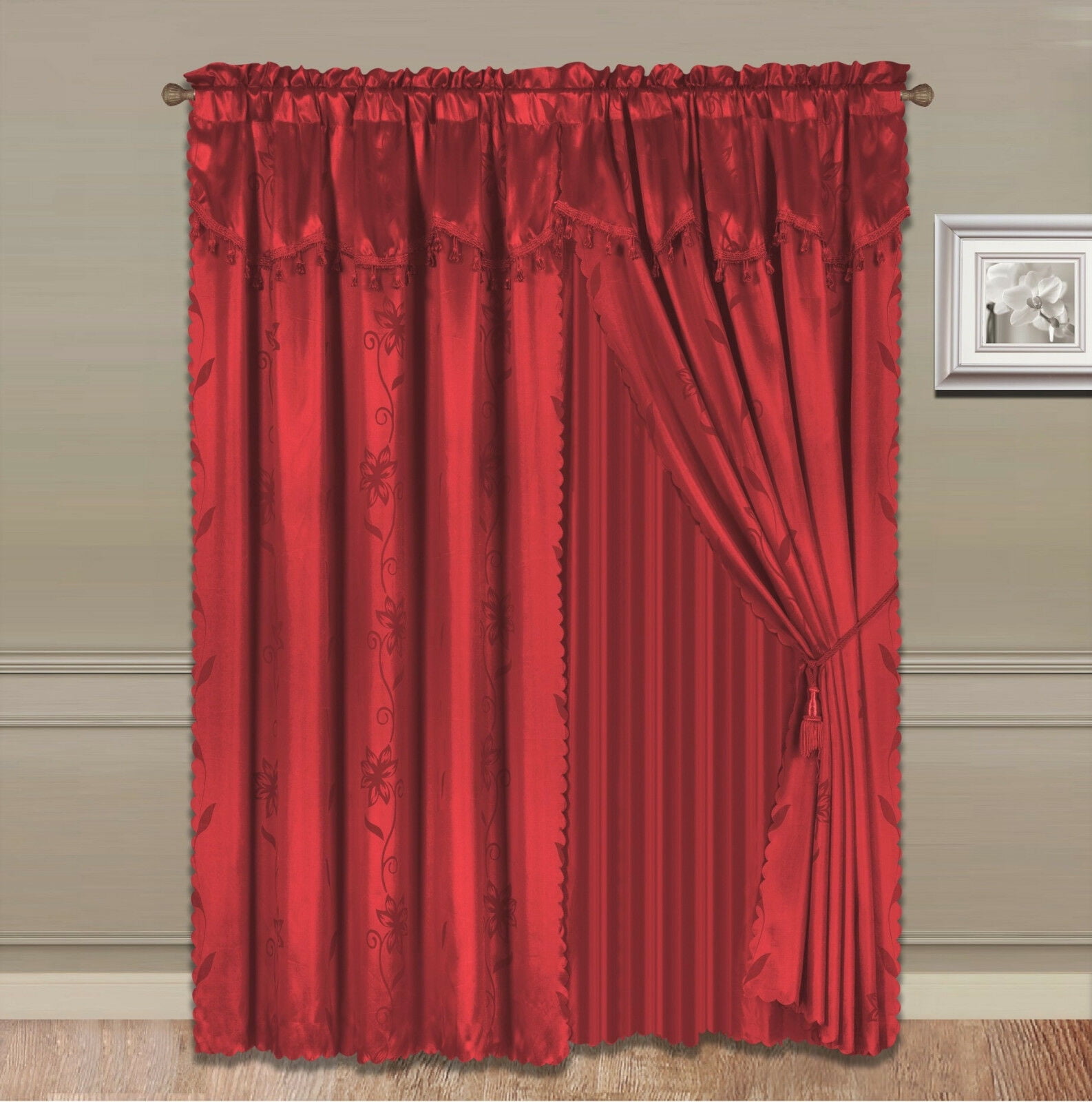 BEIGE LEAF PRINTED SILK VALANCE PANELS ROD POCKET WINDOW CURTAIN TREATMENT NADA
