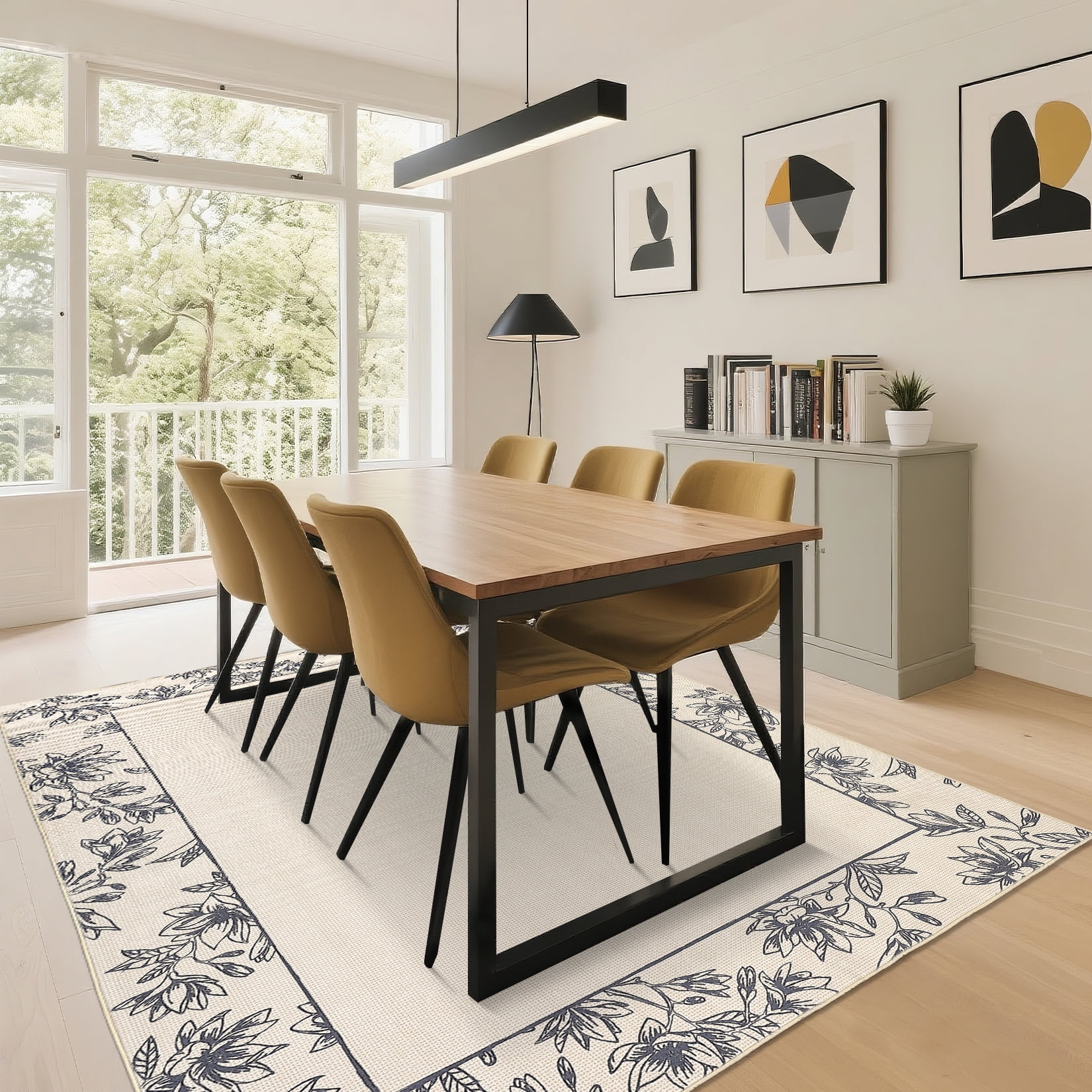 Garvee 10'x13' Solid Floral Area Rugs Modern Bordered Washable Rugs, Soft Non Slip Carpet Low Pile Rug for Living Room Bedroom Home Decor, Beige