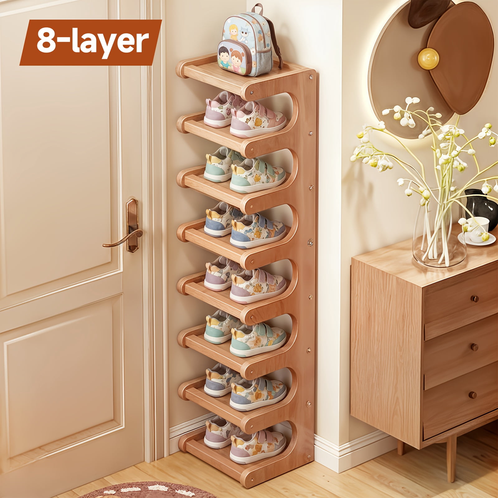 7 & 8 Tier Bamboo Wood Grain Square Shoe Rack, Anti-Wobble Freestanding Vertical Shelf, Easy Assembly Space-Saving Storage for Entryway/Dorm, Spring Household Organizer, Brown