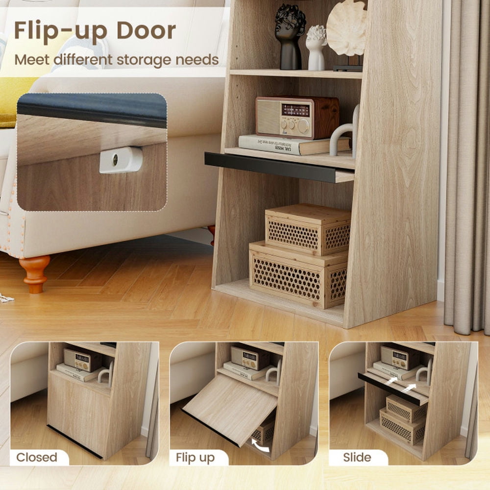 Demi Bonn 6-Tier Bookcase with 2 Adjustable Shelves and Flip Up Door, Freestanding Ladder Bookshelf, Brown