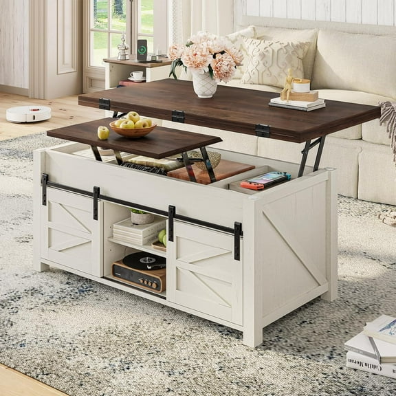Lift Top Coffee Table, 4 Sliding Barn Doors,4 in 1 Farmhouse Coffee Table