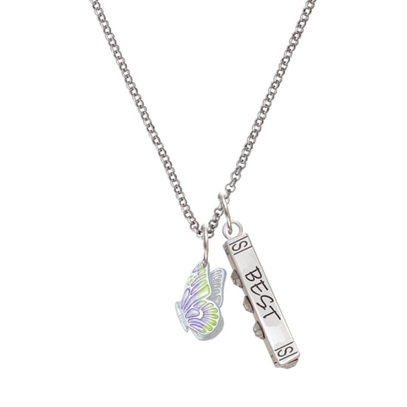 Delight Jewelry Silvertone Translucent Purple & Lime Green Flying Butterfly Silvertone Best Friends Forever Bar Charm Necklace, 23"