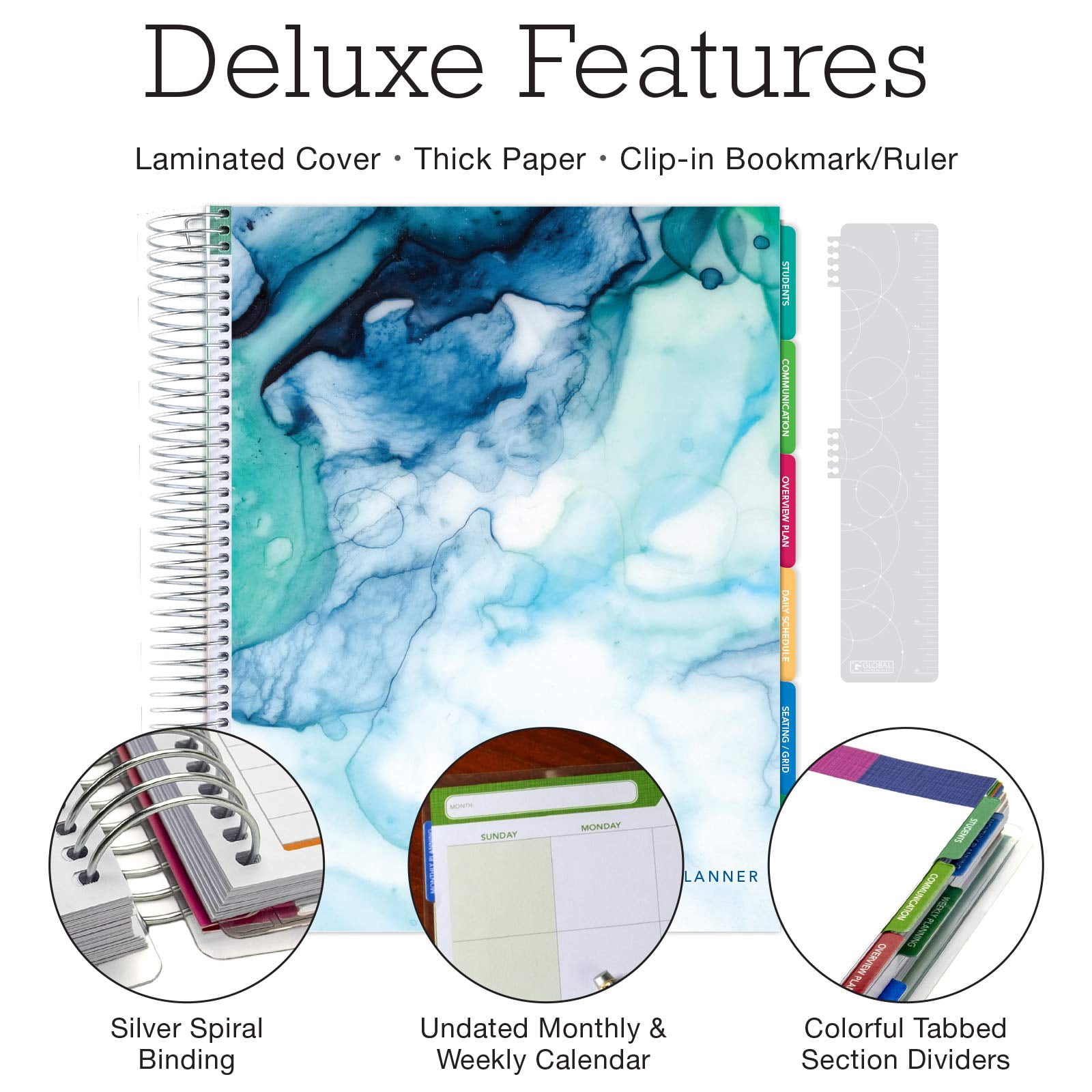 DELUXE Undated Teacher Planner - Includes 7 Periods, Page Tabs, Bookmark, and More! - Blue Marble - 8.5"x11" - DTP-0002-U