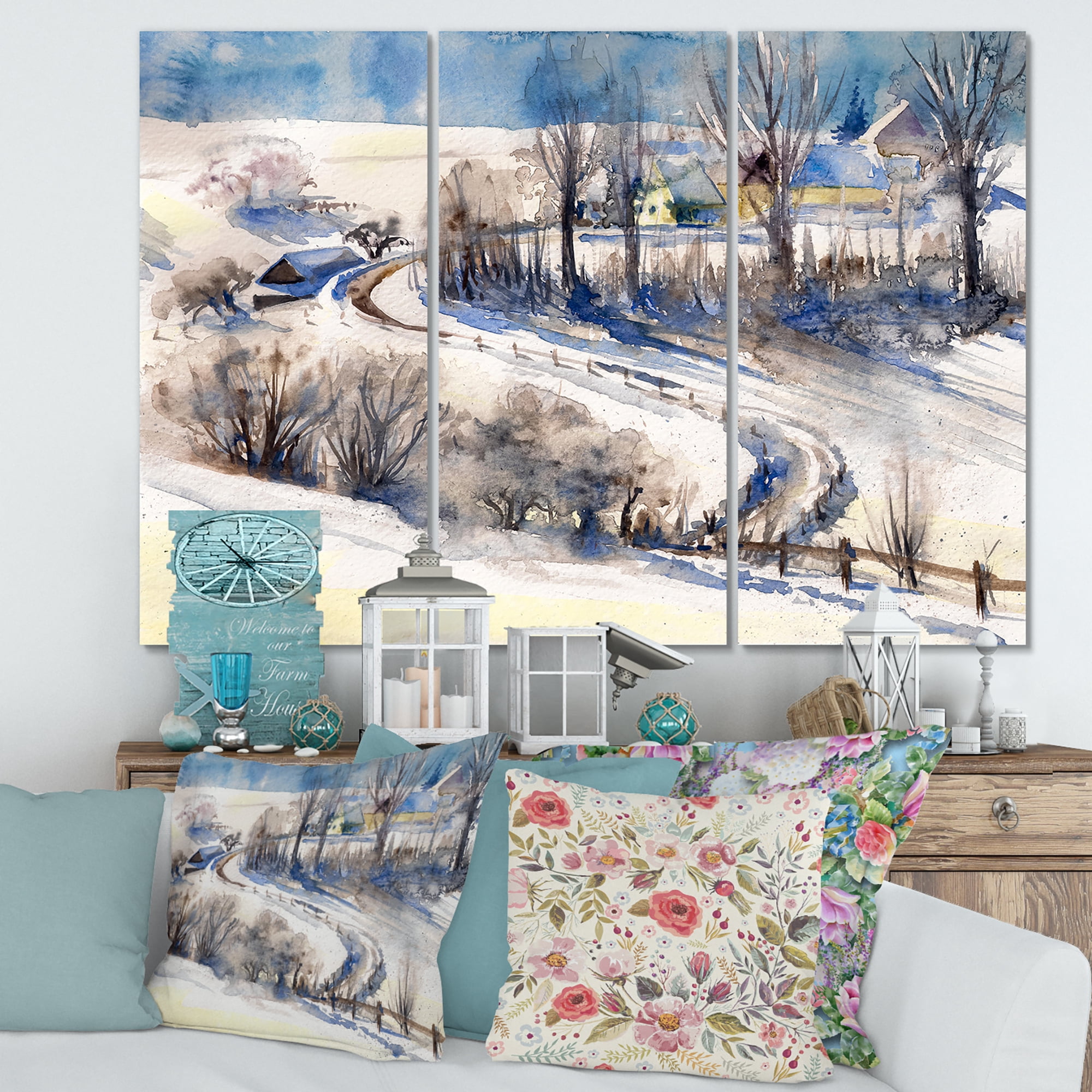 Designart ' Country Road In Winter Times Landscape I ' Traditional Canvas Wall Art Print