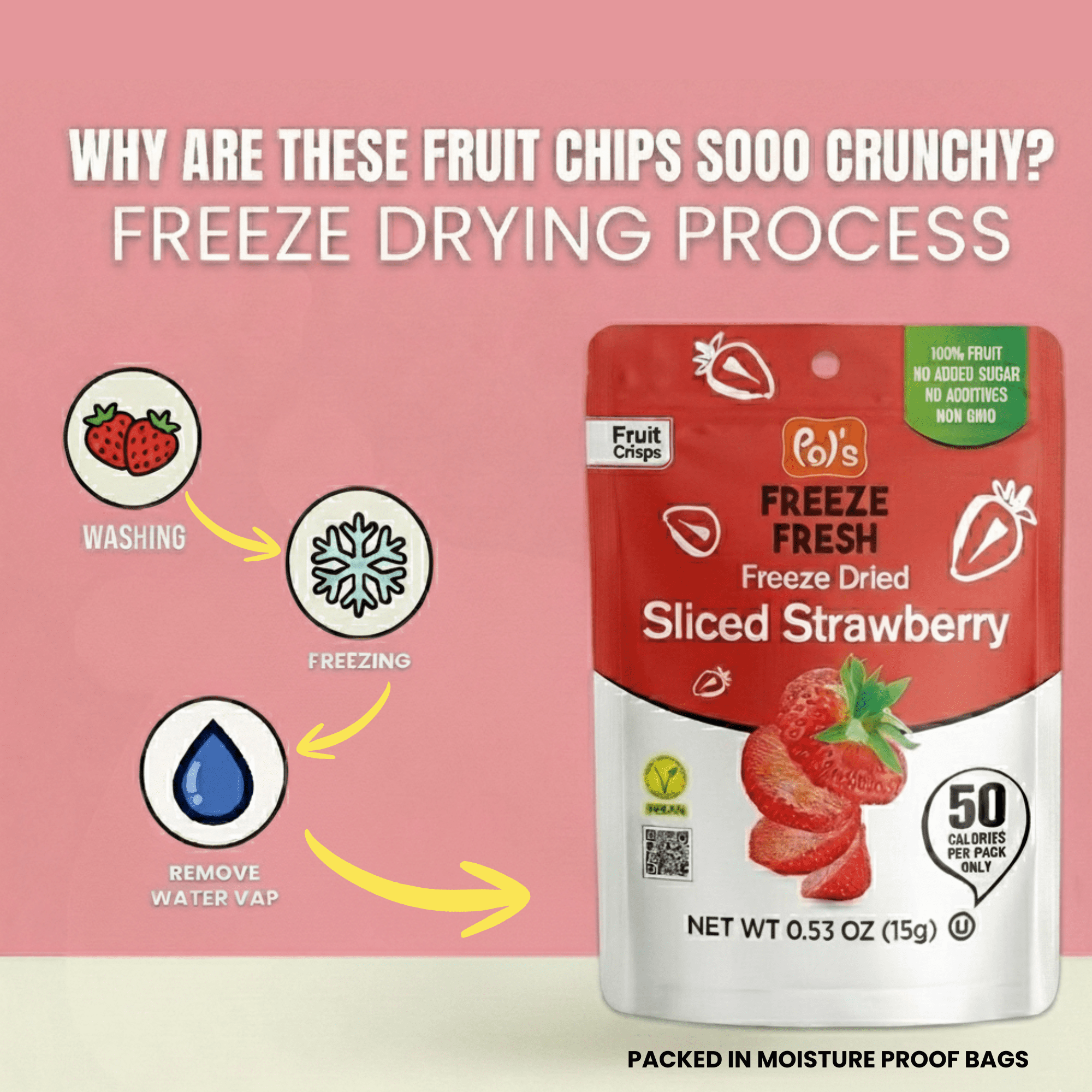 POL'S FREEZE FRESH All Natural Freeze Dried Fruit Snacks, Strawberry Crisps,Healthy, Gluten-Free, Vegan,Crunchy&Yummy,Perfect for School Lunches,Pack of 12 (0.53oz each)