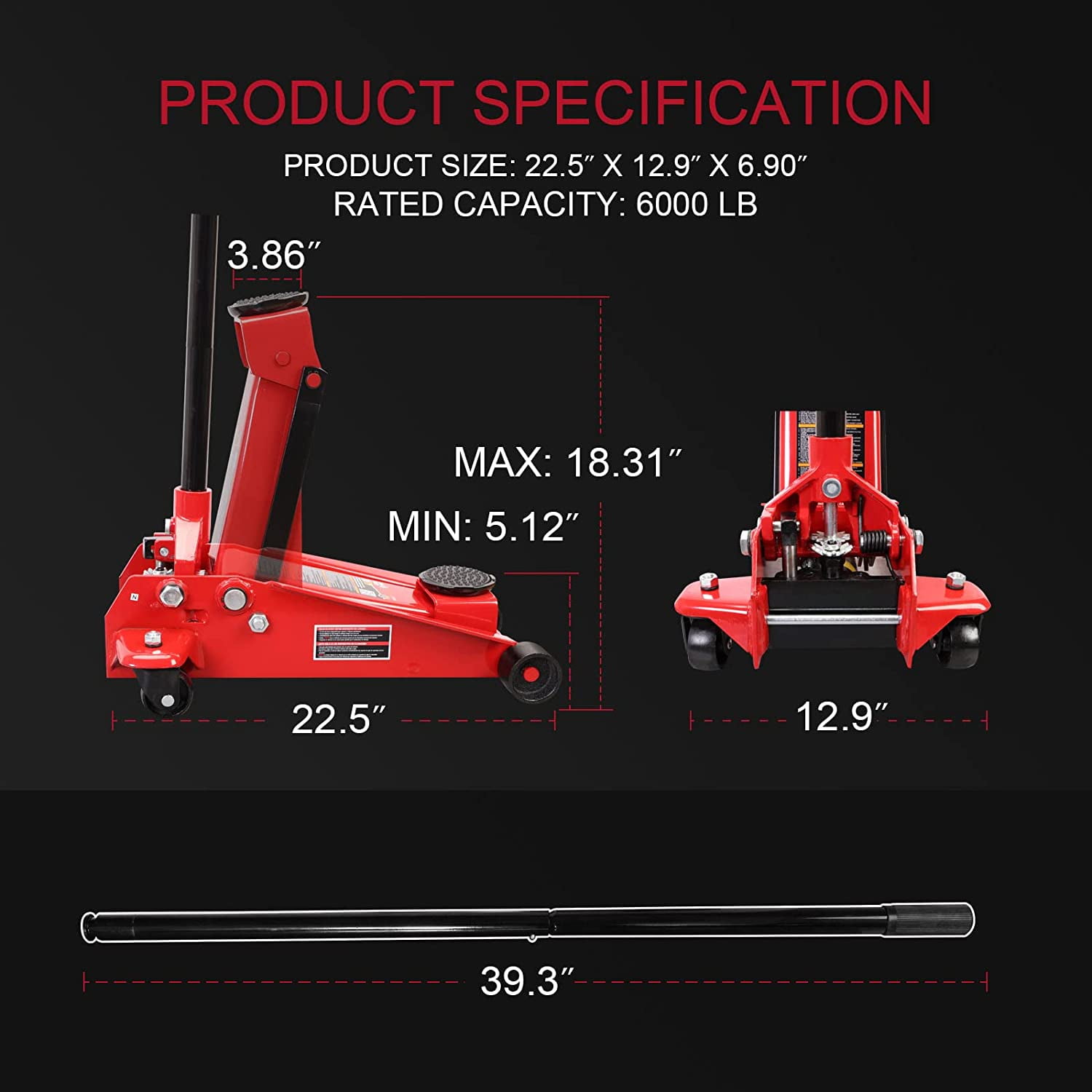 Torin Jacks Big Red T830025 Hydraulic Floor Jack with Single Quick Lift Piston Pump, 3 Ton (6,000 lb) Capacity