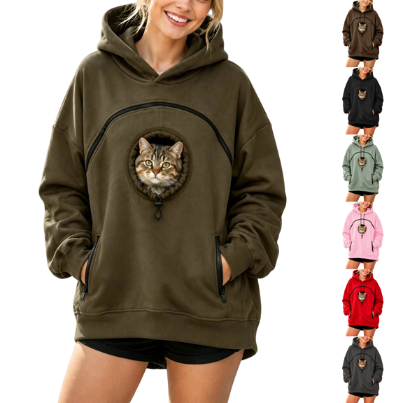 LNZGNM Womens Pet Pouch Hoodie Casual Oversized Kangaroo Pocket Small Cat Dog Holding Hooded Sweatshirt with Zipper Pockets Fall Army Green XXL