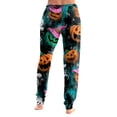 thumbnail image 5 of Women Halloween Pajama Pants Drawstring High Waist Pants Pumpkin Print Wide Leg Soft Lounge Sleep Pajamas Dark Green,XL, 5 of 5