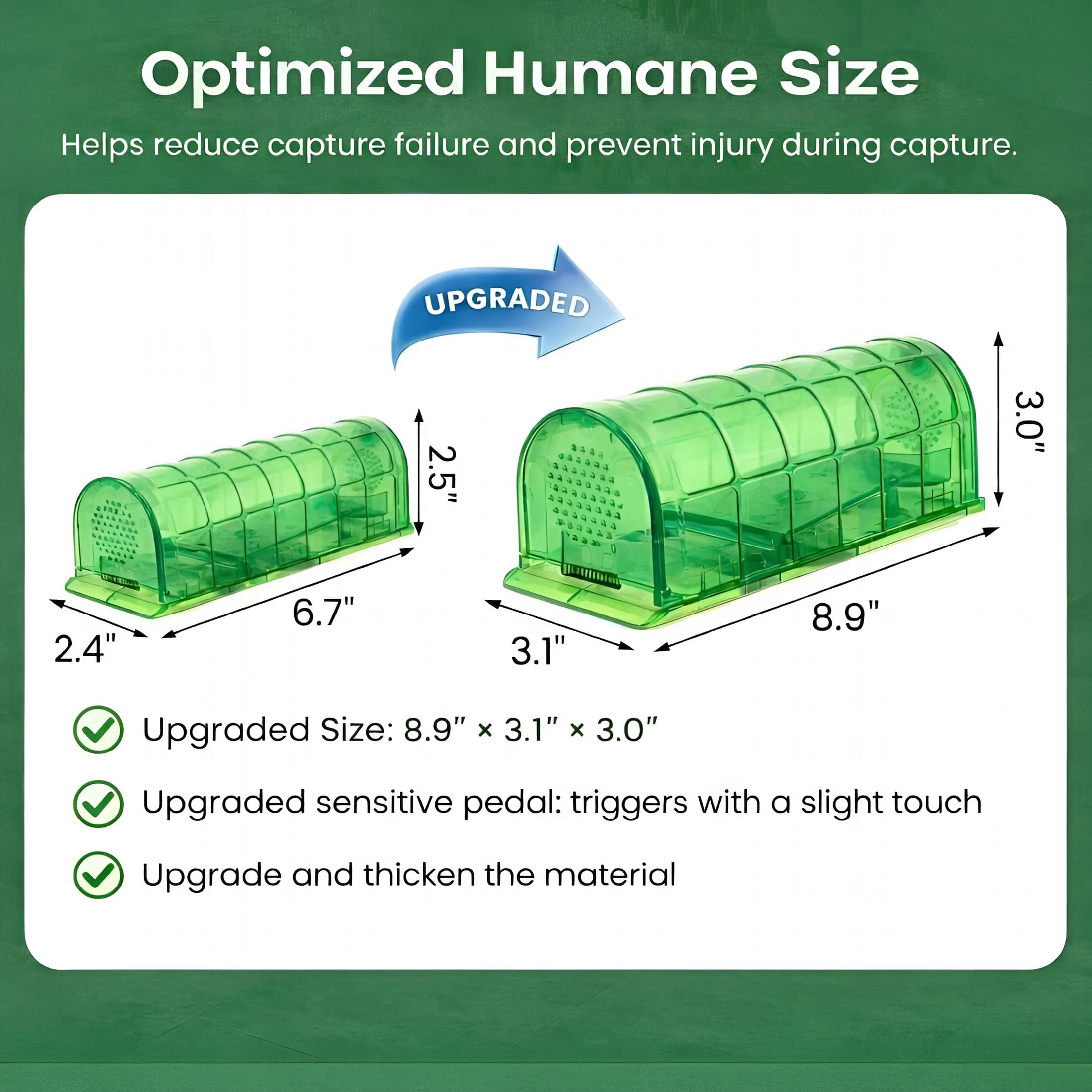 QARUN Humane Mouse Trap Indoor for Home,Live Catch and Release Rat Trap with Ventilated Chamber,2 Pack Reusable No Kill Mice Trap Outdoor,Green