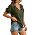thumbnail image 7 of Women's Loose Fit V Neck Puff Short Sleeve Tunic Blouse Top Comfy Casual Summer Work Office Outfits | CSEONE,Army Green L, 7 of 7