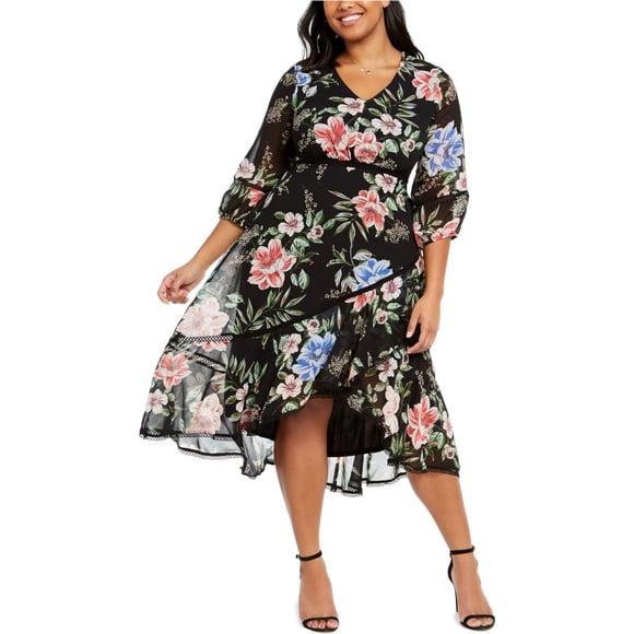 Taylor Womens Printed Chiffon A-line Dress, Negro, 14W