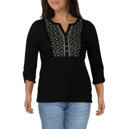 Style & Co. Womens Petites Metallic Velvet Trim Dress Top Black PXL