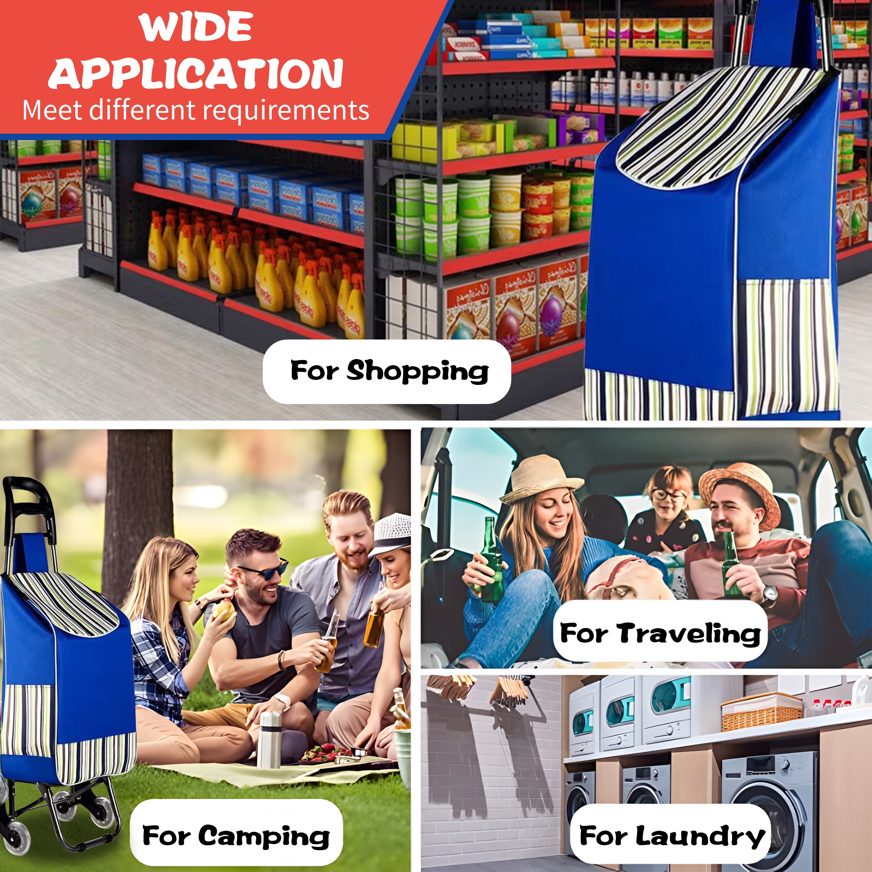 WZCPCV Foldable Stairs Climber Shopping Cart, Grocery Cart on Wheels,Heavy Duty Utility Cart Trolley, 2-in-1 Tri-Wheels Climbing Carts with Detachable Oxford Bag,Blue