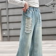 thumbnail image 6 of EnJoCho Girls Bow Denim Pants Kids Baggy Wide Leg Jeans Teens Casual Elastic Waist Vintage Trousers with Pocket Clothes Embroidered Flare Denim for Girls 6-16Y, 6 of 8