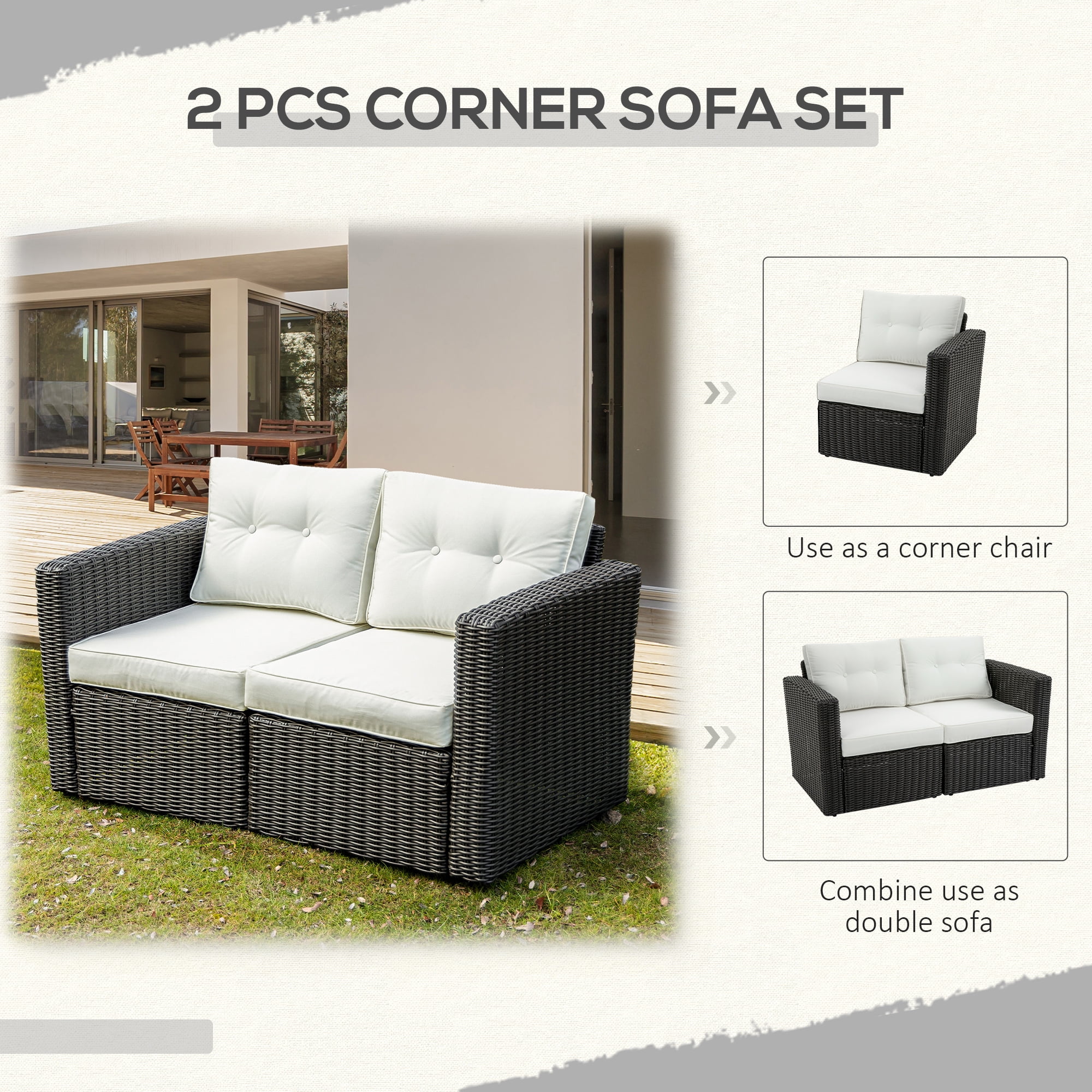 Outsunny 2 Piece Patio Wicker Corner Sofa Set, Outdoor PE Rattan Furniture, with Curved Armrests and Padded Cushions for Balcony, Beige