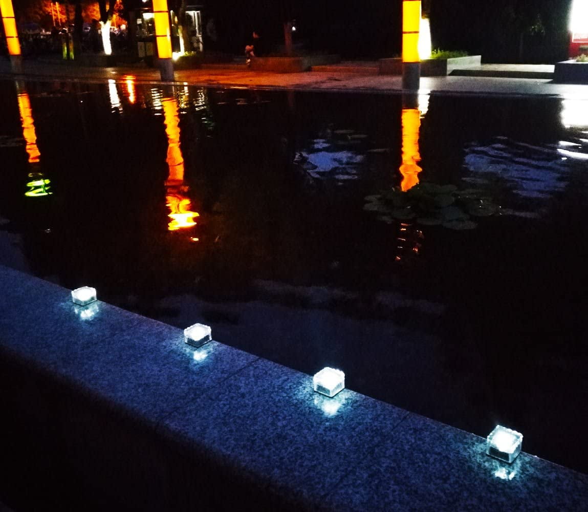 RNKR 4 Pack Solar Glass Brick Lights, LED Ice Cube Rock Lamps for Outdoor Pathway, Patio, Driveway, Garden, Waterproof Landscape Lighting, Cold White