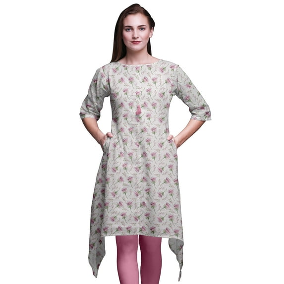 Bimba Pink Leaves & Blue Flower Floral Indian Tunic Tops For Girls Printed Casual Top For Women Ethnic Kurti Medium