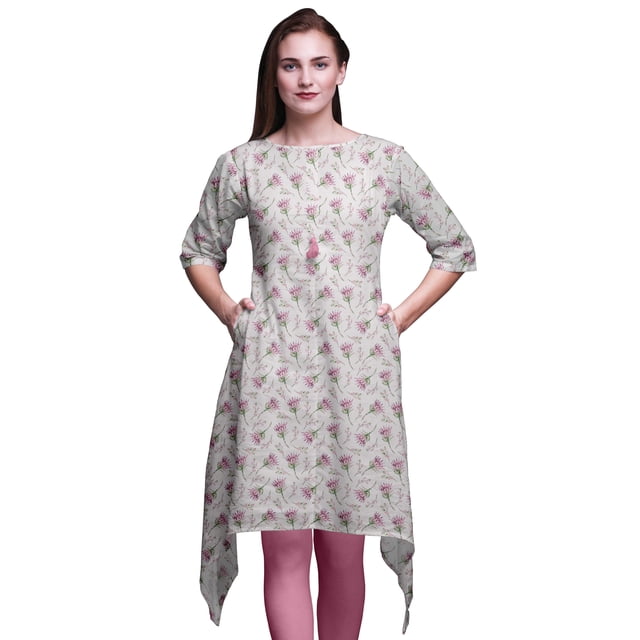 Bimba Kurti Asymétrique Imprimé Floral Feuilles Roses et Fleurs Bleues pour Femmes Robe d'Été Indienne Tunique XXX-Large