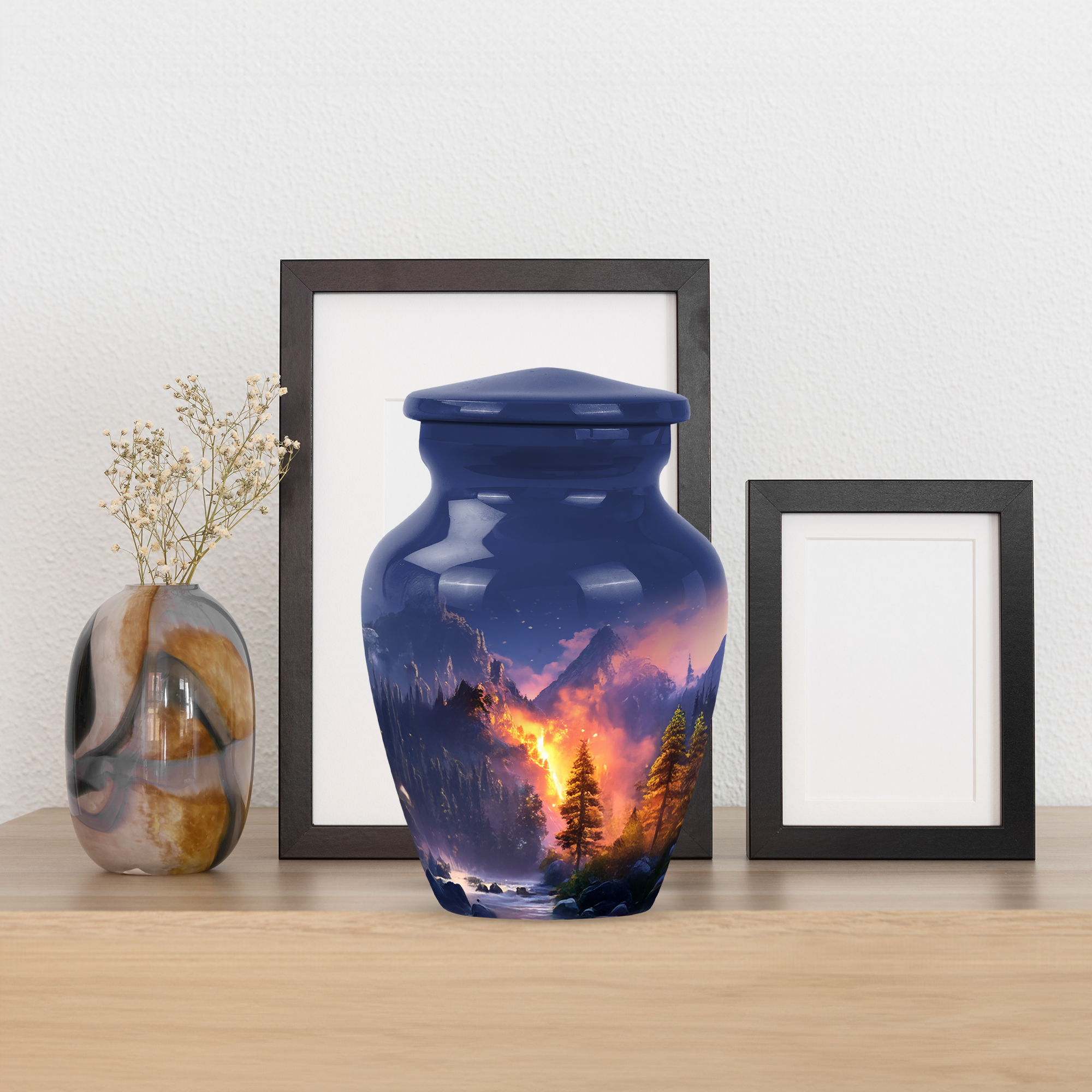 MUKTIVE Waterfall Keepsake Cremation Urns for Adult Ashes for Women, Mini Blue Mountain Burial Urn for Ashes for Women, Unique Urn, Tiny Fiery Forest Memorial Funeral Gift for Mom & Dad 3 Inch
