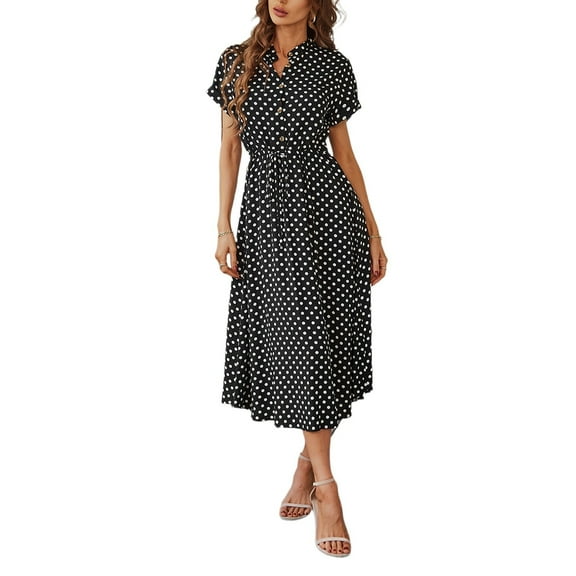 UoCefik Womens Dresses for Wedding Guest Polka Dot Button Down Tie Waist Midi Dress Y2k Elegant Short Sleeve Vacation Dresses Black S