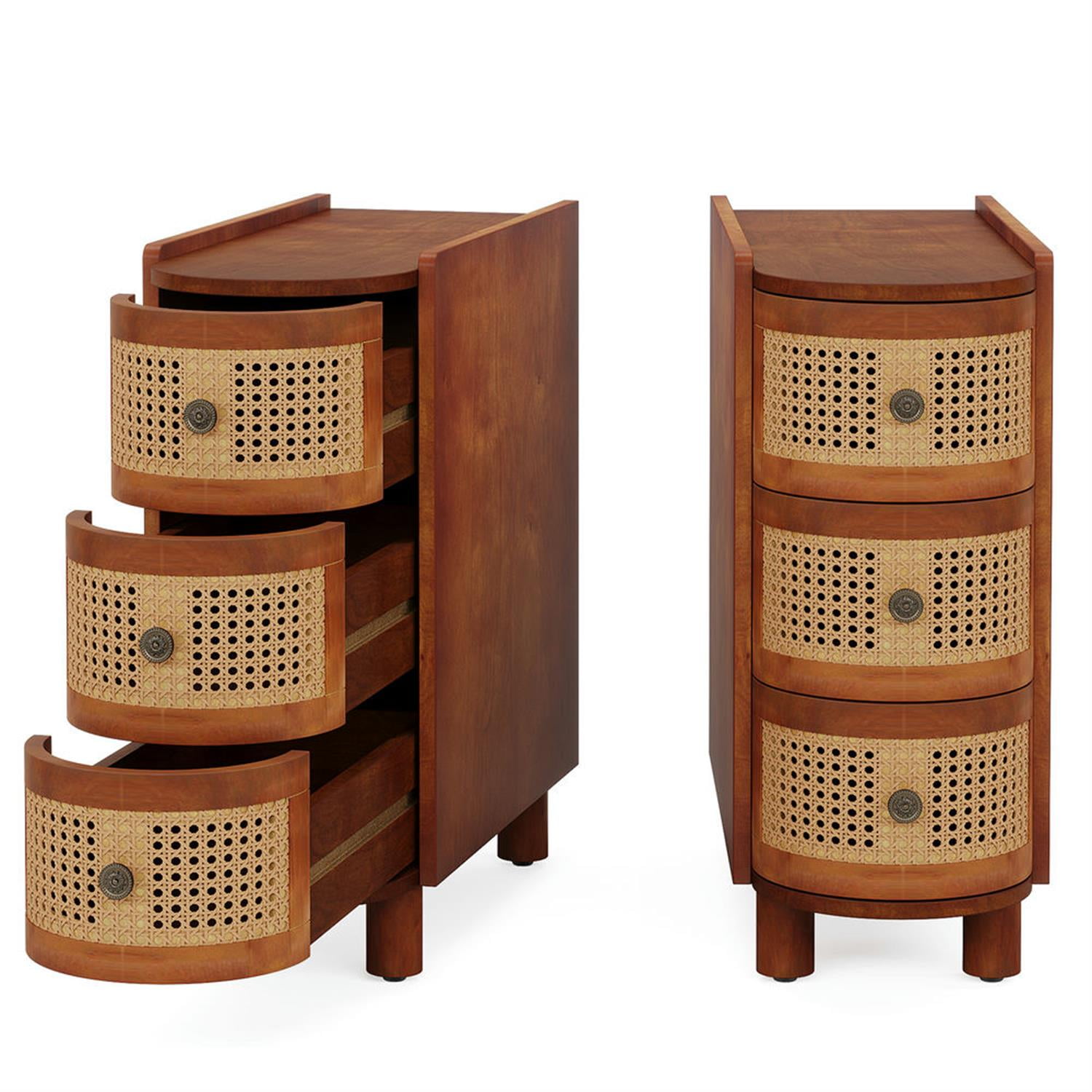 Demi Bonn 26" Wood Nightstand with 3-Drawers, Bedside End Table for Bedroom, Modern Rattan Side Table with Storage, Brown