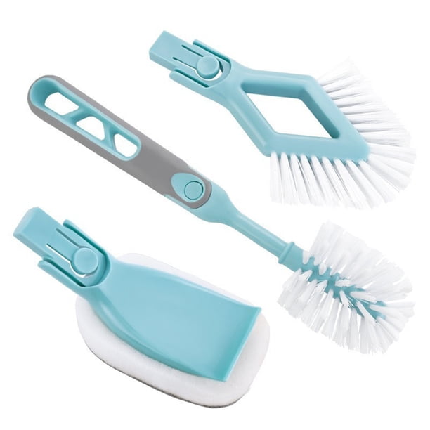 Juego de cepillos de limpieza multifuncionales de tres cabezales One Stick para cocina y hogar: cepillo para limpiar tazas, ollas y tazones con mango largo, cepillo para ranuras, cepillo de esponja