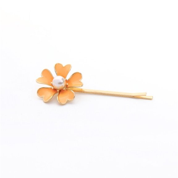 Goldtone Orange Floral Hair Pin With Imitation Pearl