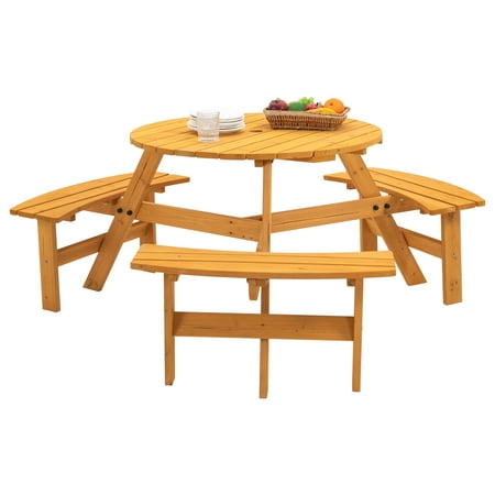 

6-Person Circular Outdoor Wooden Picnic Table for Patio Backyard Garden DIY w/ 3 Built-in Benches 1720lb Capacity - Natural